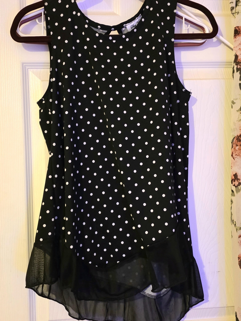 Black & White Polka Dot Sleeveless Blouse - Layered Hem